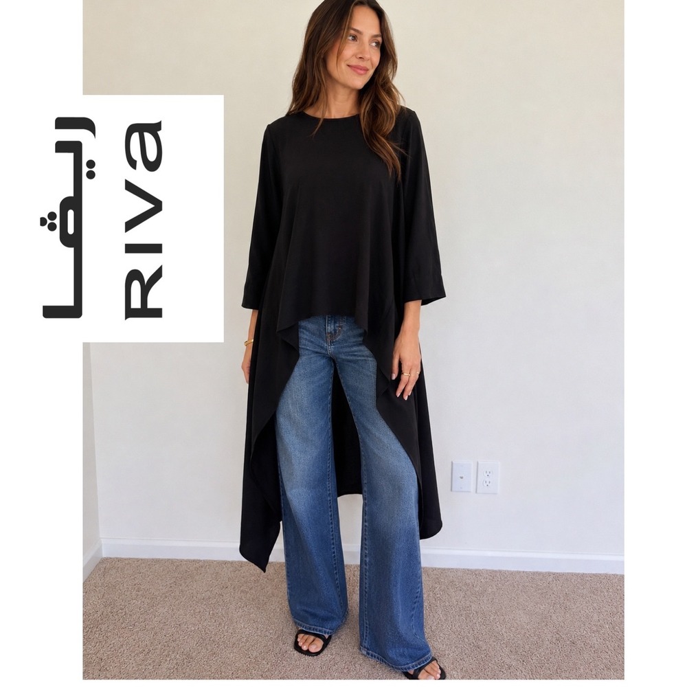 Riva Black High Low Asymmetrical Tunic Top Long Sleeve Size L Dark Academia